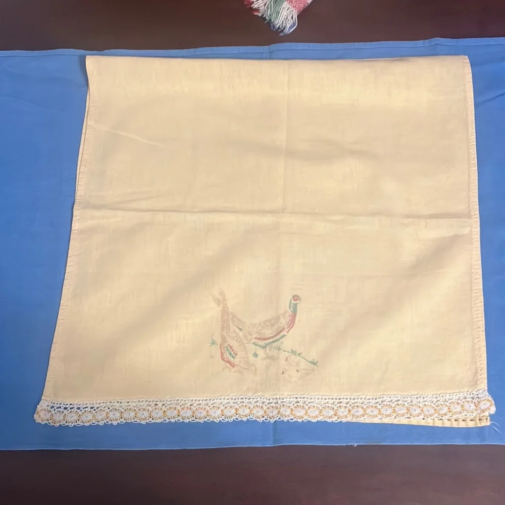 Set of 3 Vintage Cotton Tea Towels / Rags Blue Cannon, Yellow Pheasant with Lace